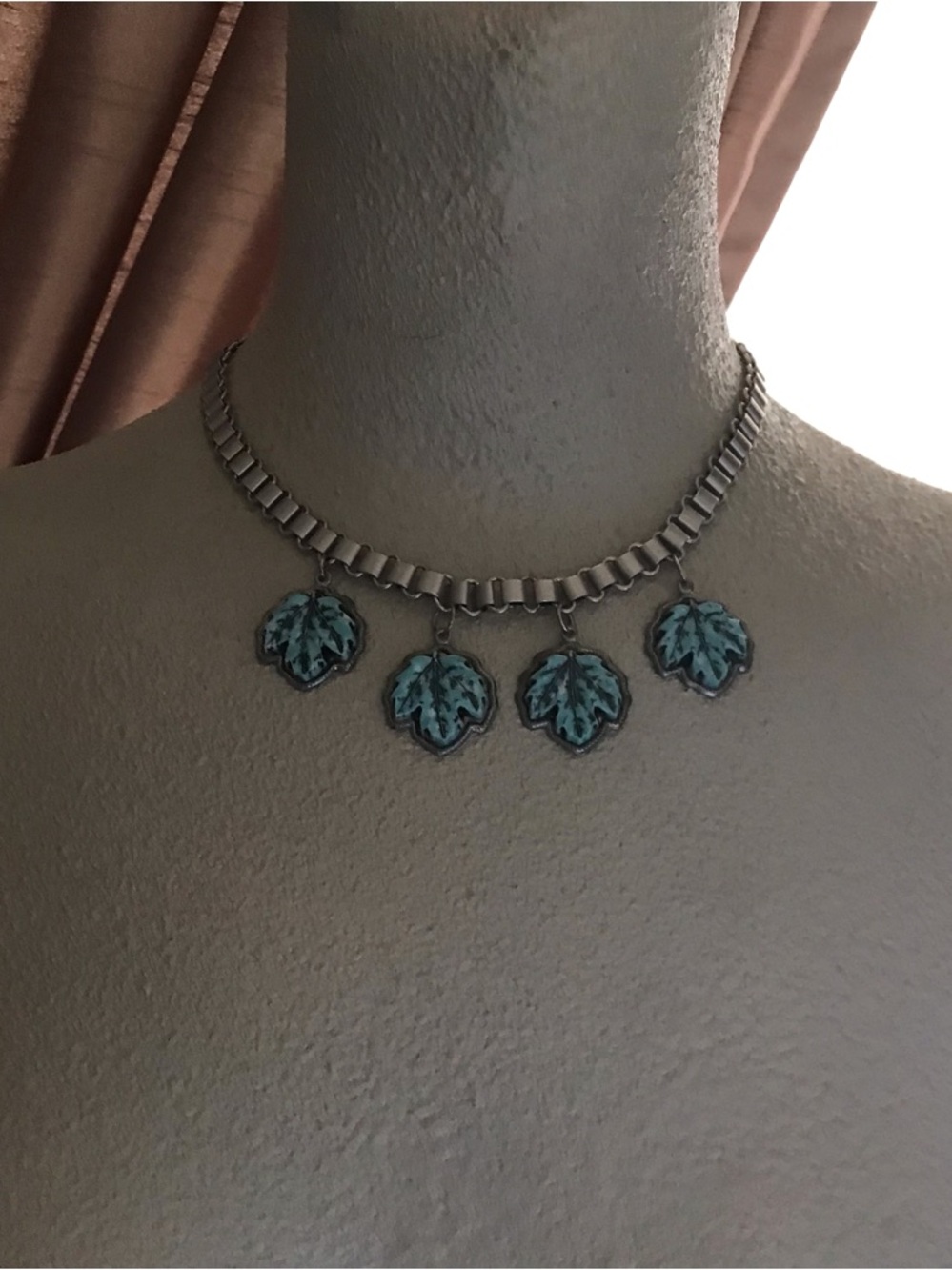 Silver Leaf Charm Choker Necklace with Turquoise Patina Leaves